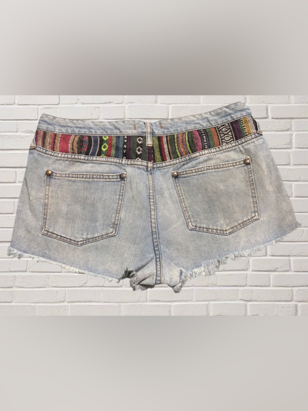 Free People Y2K Distressed Denim Shorts Woven Waist Festival Boho W30